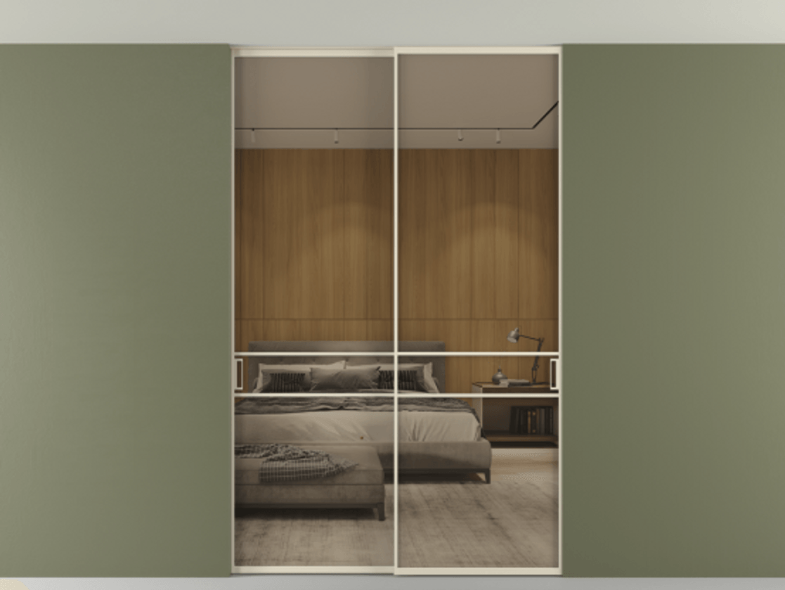 Перегородка Формато внутри проёма скрытое крепление в потолок 2 створки АЛПР 040.02 Алюминий бежево-серый Рефлективное бронзовое стекло "Стопсол", калёное Цена 444840 сом | Volhovec