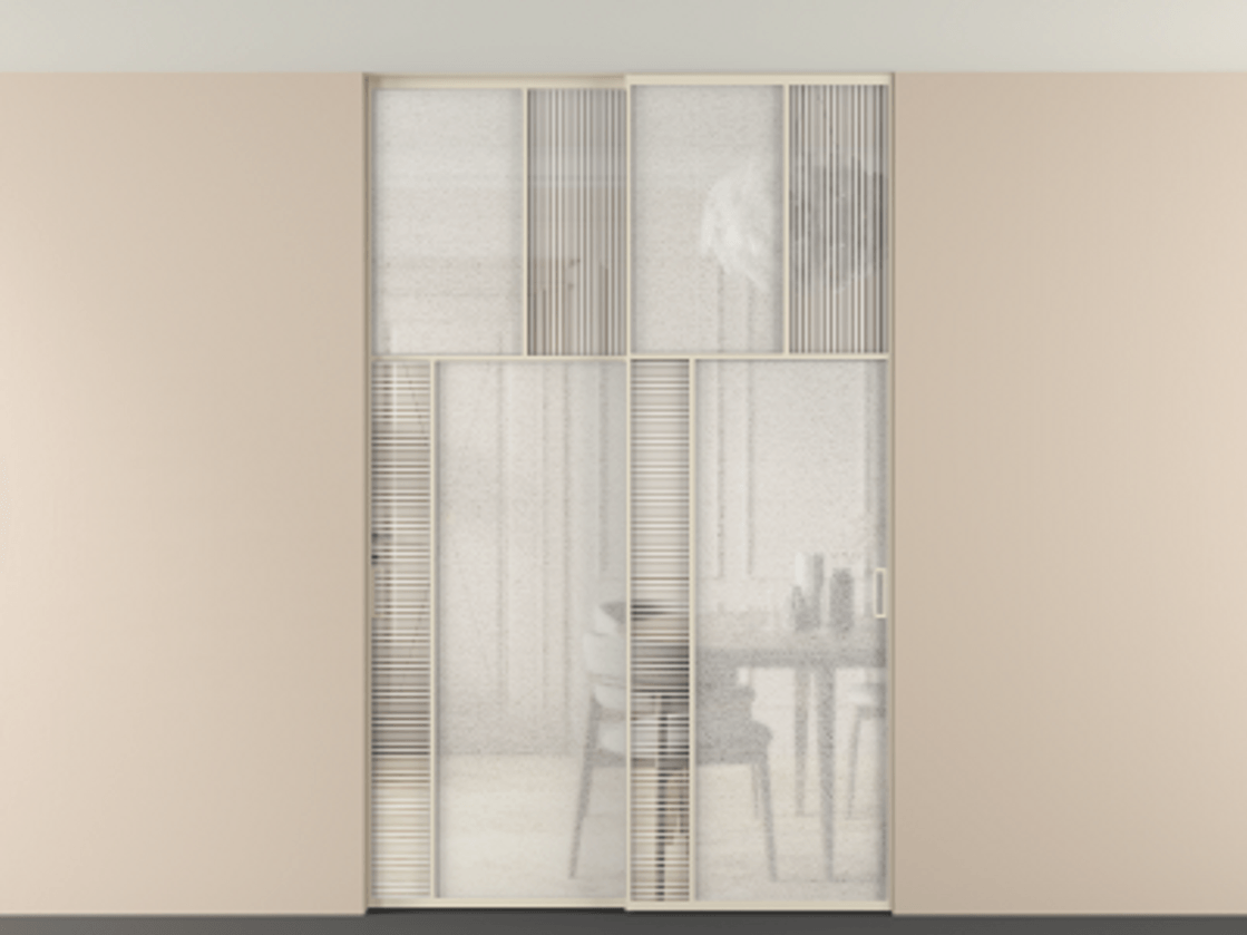 Перегородка Мозаик внутри проёма скрытое крепление в потолок 2 створки АЛПР 041.22 Алюминий бежево-серый Рифлёное стекло "Дюна", триплекс, 6 мм + Фактурное стекло "Лёд", триплекс Цена 495880 сом | Volhovec