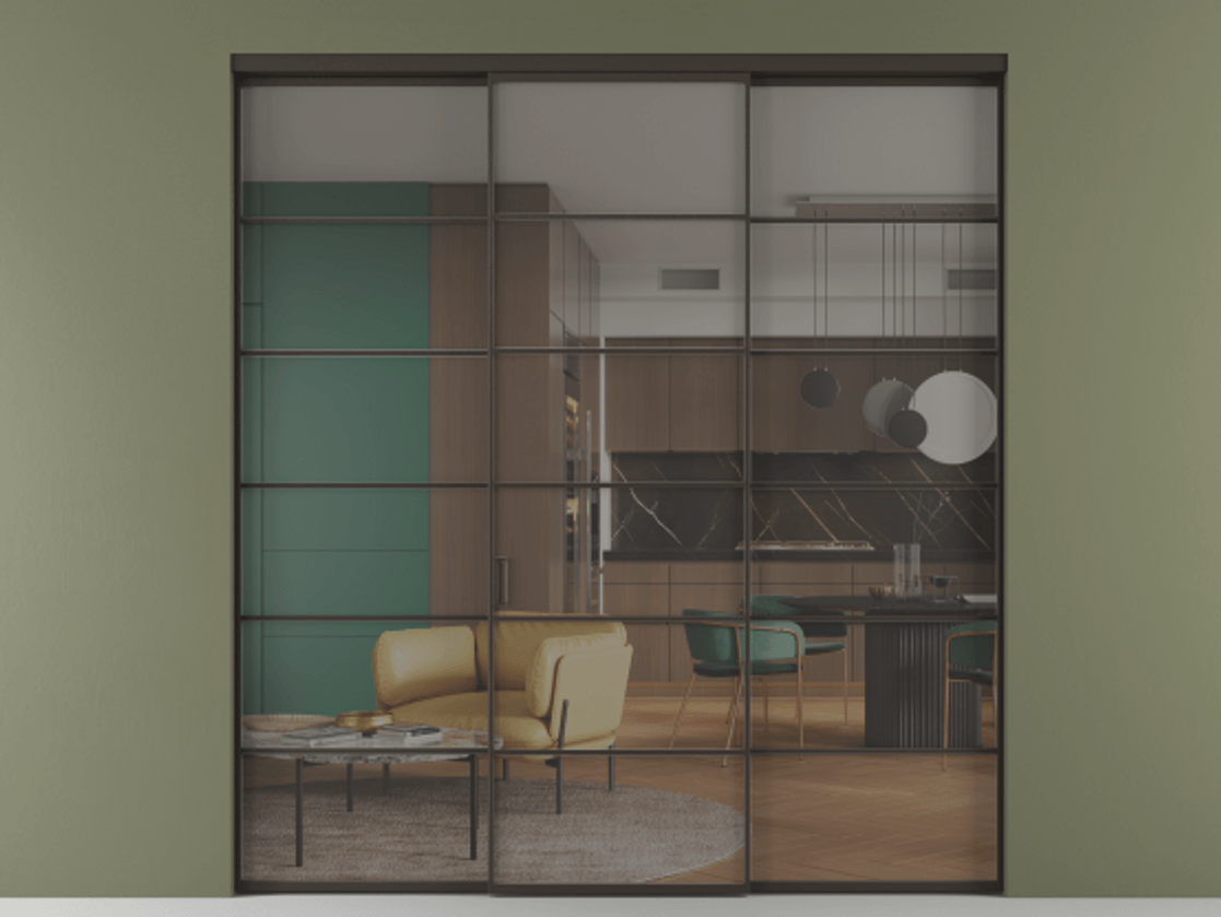 Перегородка Формато внутри проёма 3 створки АЛПР 040.04 Алюминий антрацит Прозрачное серое стекло, триплекс Цена 371030 сом | Volhovec