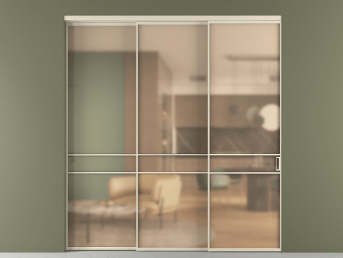 Перегородка Formato внутри проёма 3 створки с синхронным механизмом АЛПР 040.02 Алюминий бежево-серый Сатинированное оранжевое стекло, триплекс Цена 567260 сом  | Volhovec