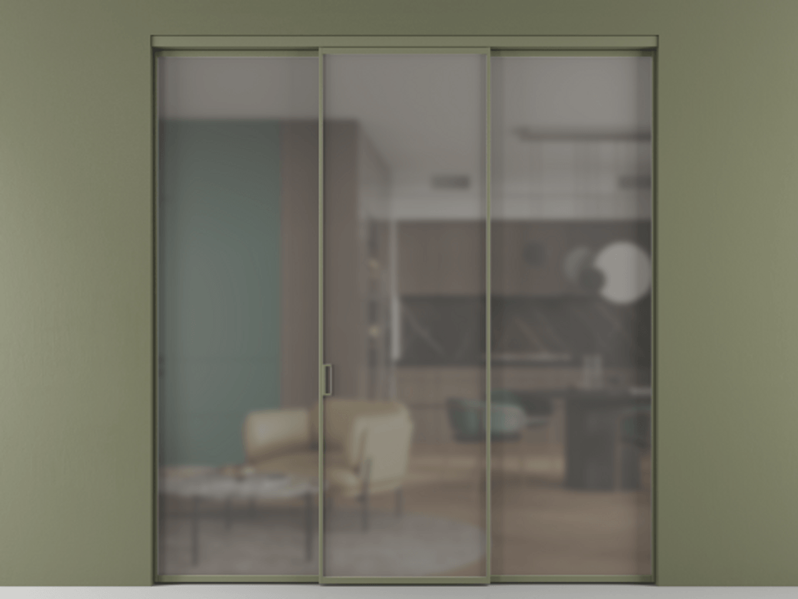 Перегородка Formato внутри проёма 3 створки АЛПР 040.01 Алюминий оливковый тёмный Сатинированное серое стекло, триплекс Цена 225125 ₽ | Volhovec