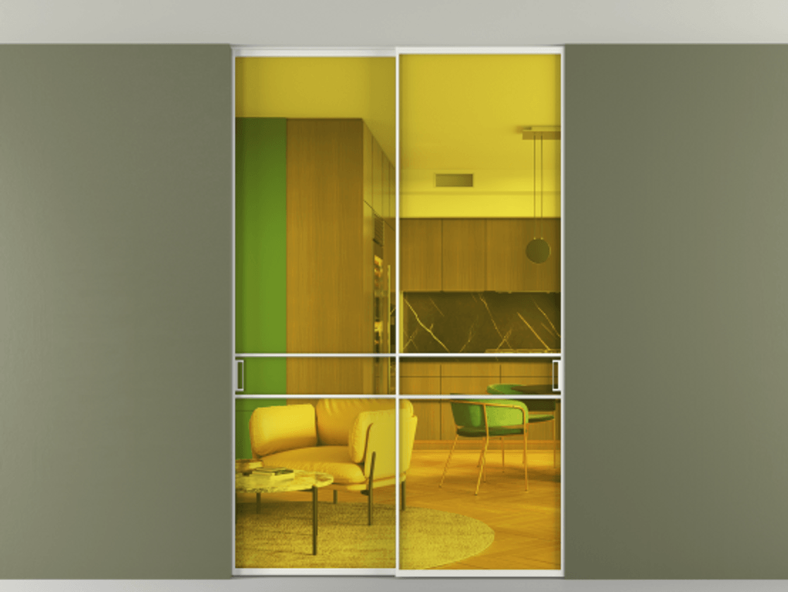 Перегородка Formato внутри проёма скрытое крепление в потолок 2 створки АЛПР 040.02 Алюминий светло-серый Прозрачное жёлтое стекло, триплекс Цена 373430 сом | Volhovec