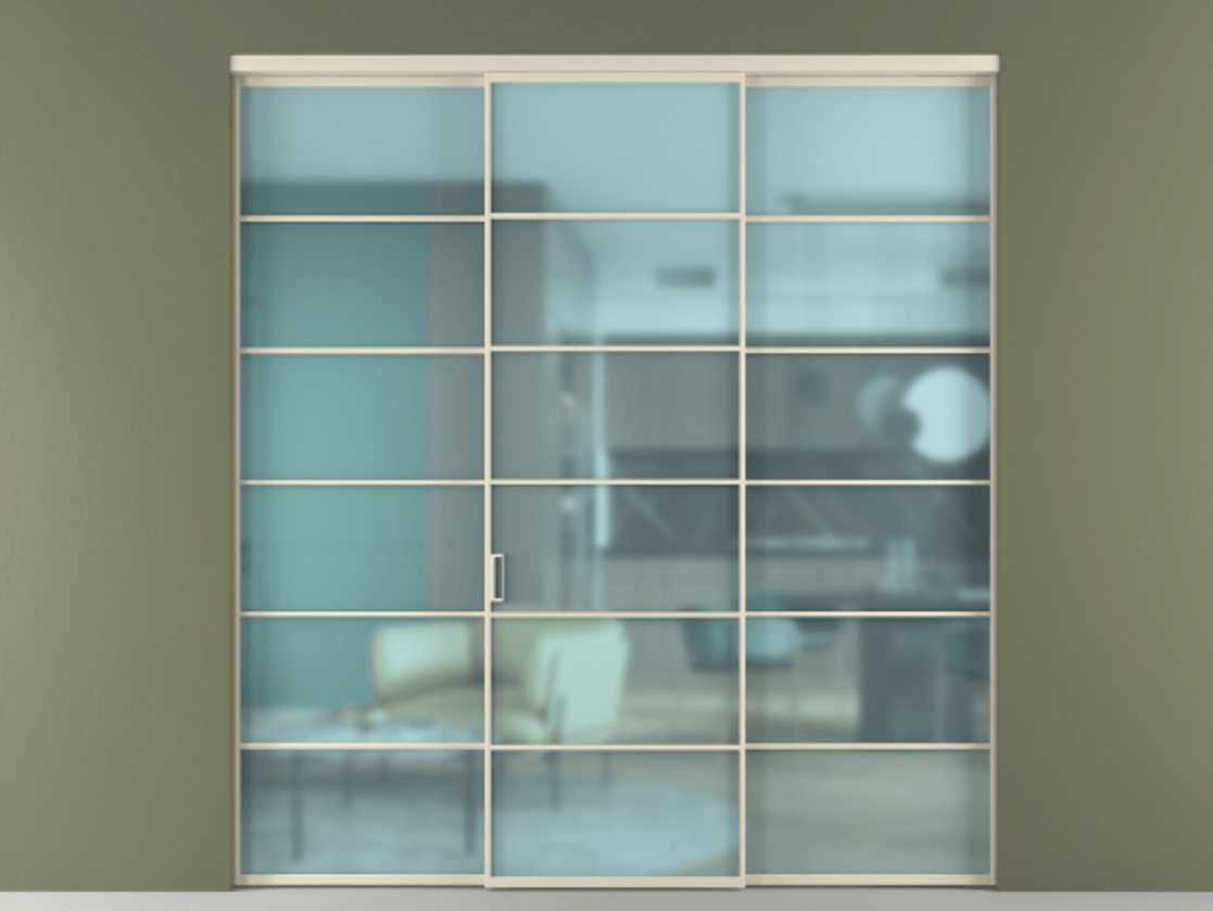 Перегородка Формато внутри проёма 3 створки АЛПР 040.04 Алюминий бежево-серый Сатинированное голубое стекло, триплекс Цена 389130 сом | Volhovec