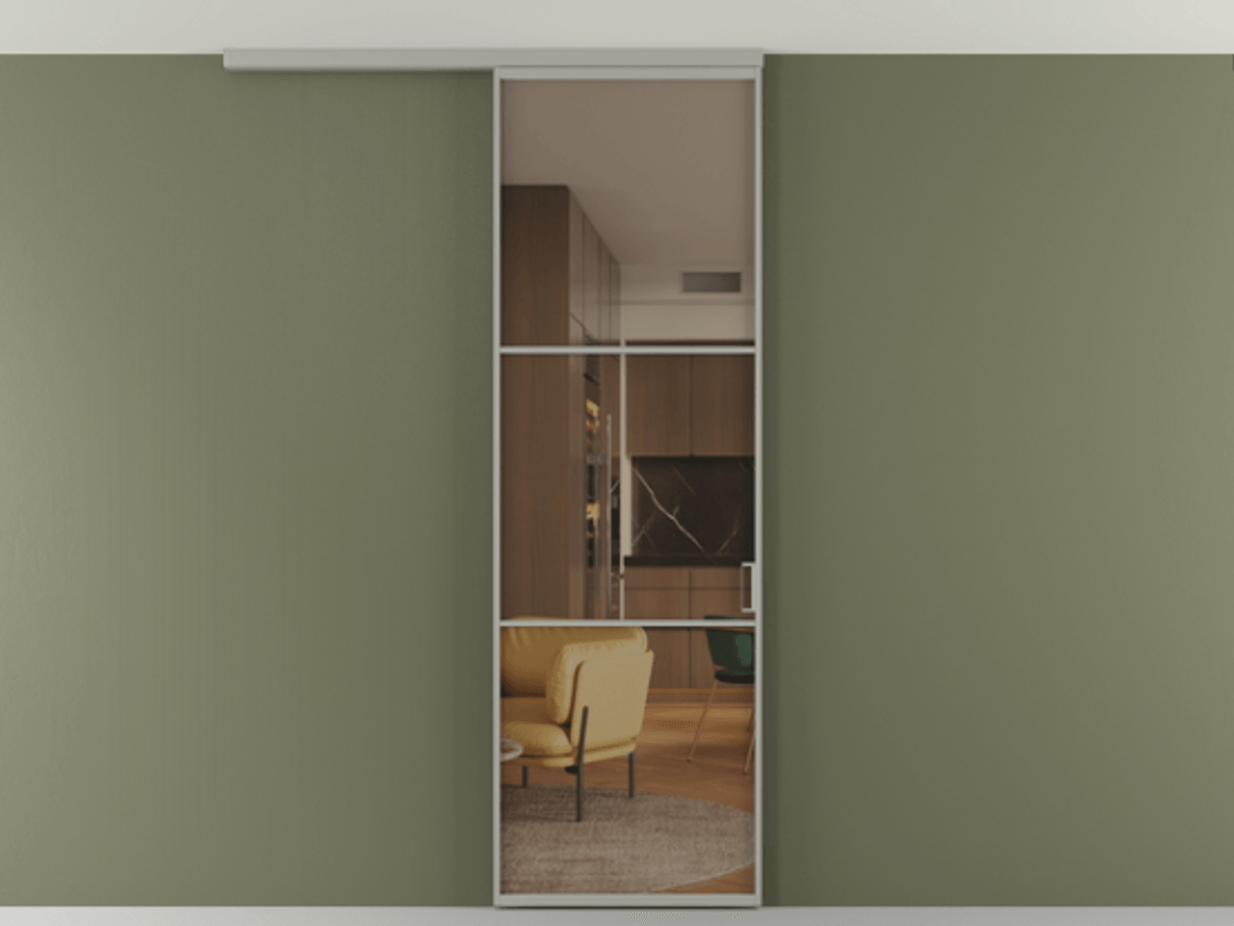 Перегородка Формато вдоль стены на потолок 1 створка АЛПР 040.03 Алюминий нейтральный серый Прозрачное бронзовое стекло, триплекс Цена 171090 сом | Volhovec