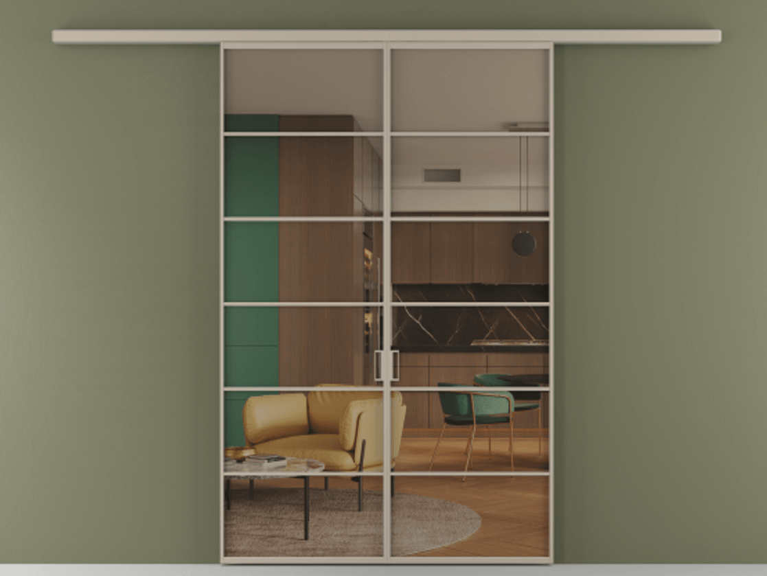 Перегородка Формато вдоль стены 2 створки АЛПР 040.04 Алюминий бисквитный Прозрачное бронзовое стекло, триплекс Цена 301610 сом | Volhovec