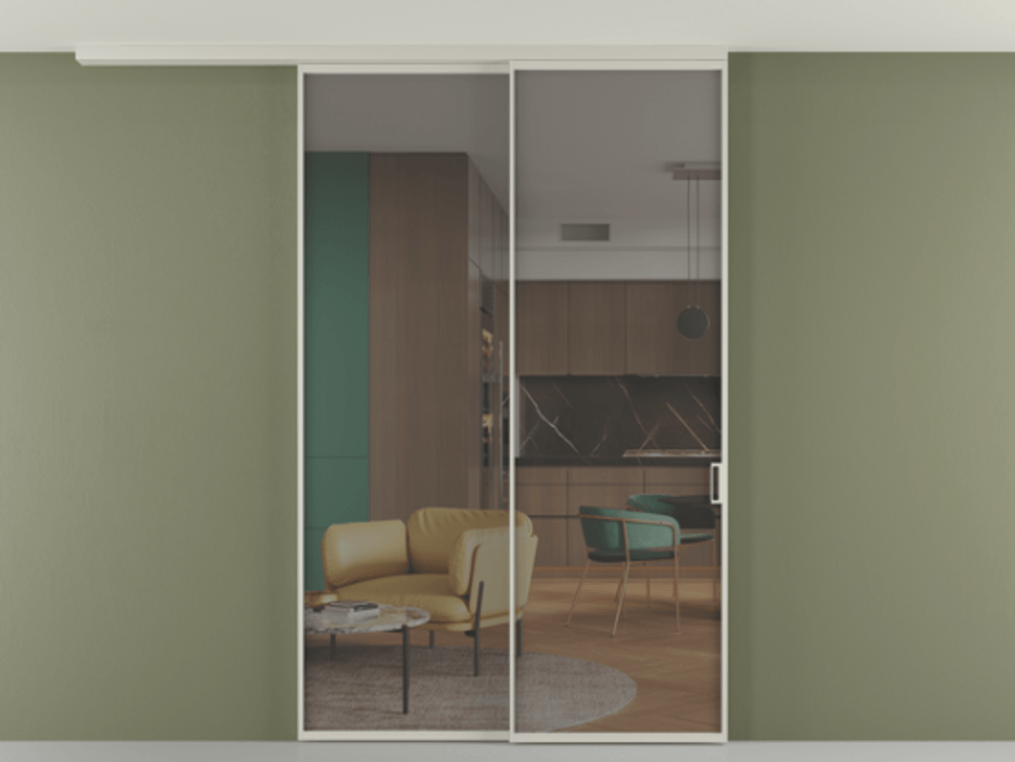 Перегородка Формато вдоль стены на потолок 2 створки с синхронным механизмом АЛПР 040.01 Алюминий тёплый серый Прозрачное серое стекло, триплекс Цена 435550 сом | Volhovec