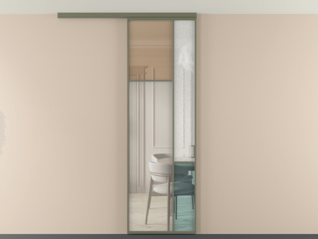 Перегородка Мозаик вдоль стены на потолок 1 створка АЛПР 041.10 Алюминий оливковый тёмный Комбинация стекол Группы 1 и Группы 3 Цена 205350 сом | Volhovec