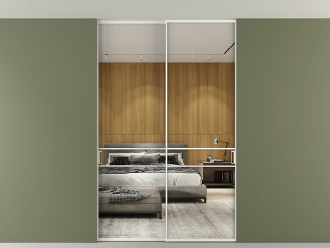 Перегородка Formato внутри проёма скрытое крепление в потолок 2 створки АЛПР 040.02 Алюминий светло-серый Двустороннее зеркало, триплекс , триплекс 6 мм Цена 361400 сом | Volhovec