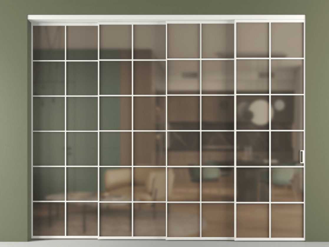 Перегородка Формато внутри проёма 4 створки с синхронным механизмом АЛПР 040.05 Алюминий светло-серый Сатинированное бронзовое стекло, триплекс. Цена 711520 сом 1. Полотно 4 шт. (800/2100 мм)
2. Комплект установки раздвижной системы
3. Базовый комплект фурнитуры
4. Комплект фурнитуры телескопик синхро-3
5. Ручка Рондо. Фабрика дверей Волховец 8 (800) 551 43 19 Перегородка Формато внутри проёма 4 створки с синхронным механизмом АЛПР 040.05 Алюминий светло-серый Сатинированное бронзовое стекло, триплекс Цена 711520 сом | Volhovec