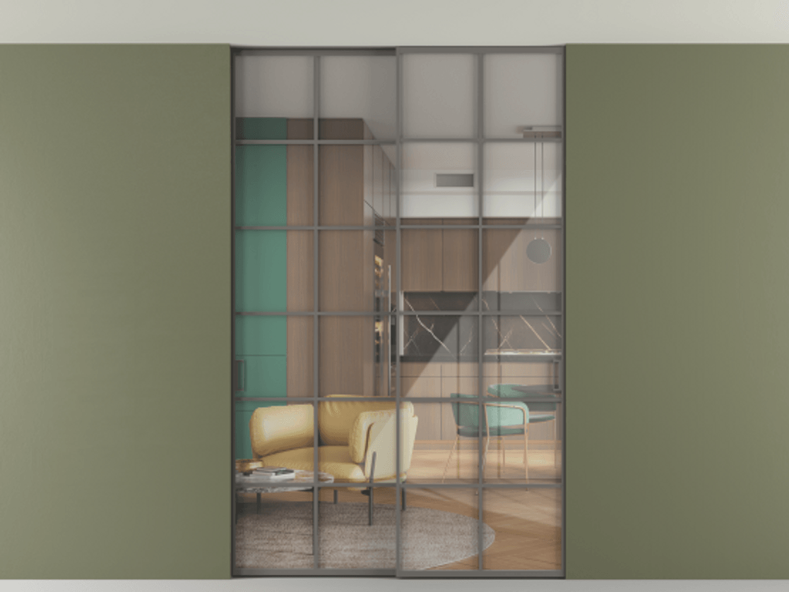 Перегородка Формато внутри проёма скрытое крепление в потолок 2 створки АЛПР 040.05 Алюминий классический серый Рефлективное прозрачное стекло "Стопсол", калёное Цена 469820 сом | Volhovec