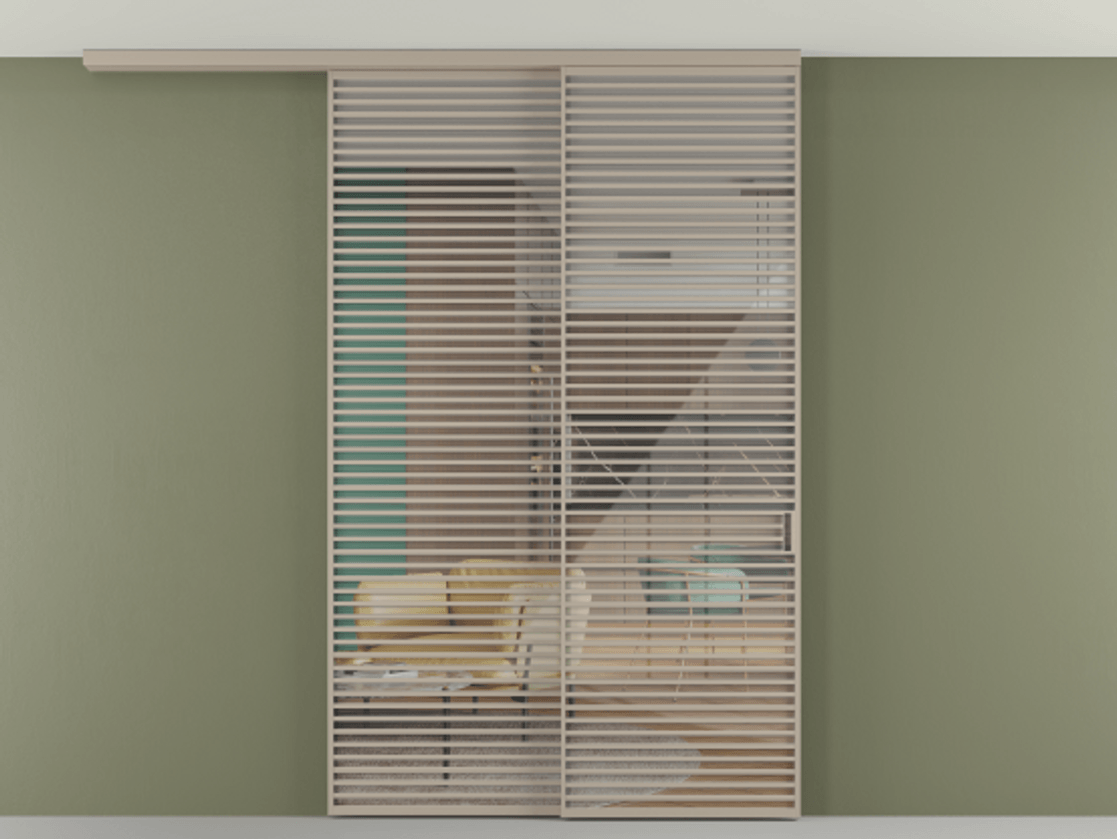 Перегородка Формато вдоль стены на потолок 2 створки с синхронным механизмом АЛПР 040.07 Алюминий бисквитный Рефлективное прозрачное стекло "Стопсол", калёное Цена 674501 сом | Volhovec