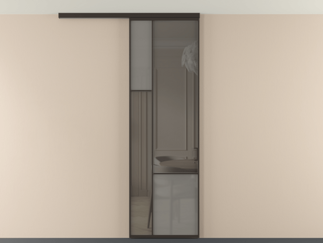 Перегородка Мозаик вдоль стены на потолок 1 створка АЛПР 041.13 Алюминий антрацит Сатинированное серое стекло, триплекс, 6 мм + Прозрачное серое стекло, триплекс Цена 196620 сом | Volhovec