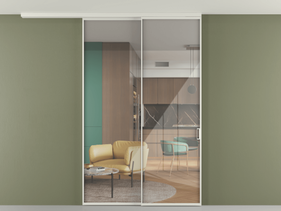 Перегородка Формато вдоль стены на потолок 2 створки с синхронным механизмом АЛПР 040.01 Алюминий серый Рефлективное прозрачное стекло "Стопсол", калёное Цена 409530 сом | Volhovec