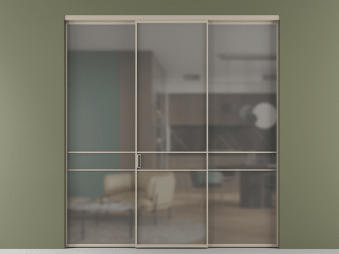 Перегородка Формато внутри проёма 3 створки АЛПР 040.02 Алюминий бисквитный Сатинированное серое стекло, триплекс Цена 345470 сом | Volhovec