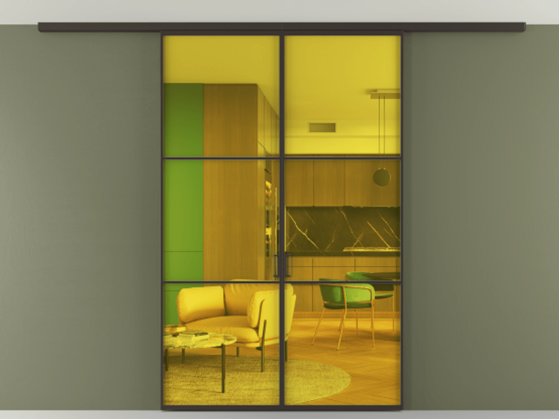 Перегородка Формато вдоль стены на потолок 2 створки АЛПР 040.03 Алюминий антрацит Прозрачное жёлтое стекло, триплекс Цена 283740 сом | Volhovec