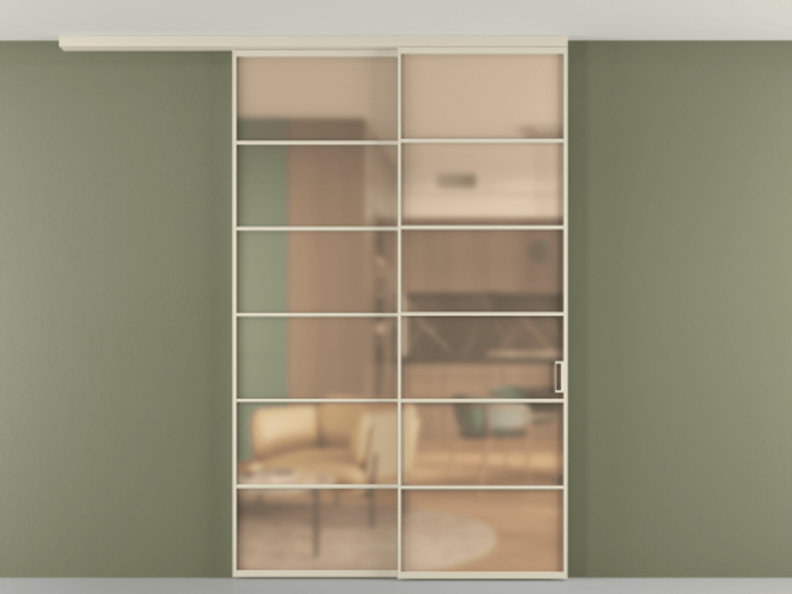 Перегородка Формато вдоль стены на потолок 2 створки с синхронным механизмом АЛПР 040.04 Алюминий бежево-серый Сатинированное оранжевое стекло, триплекс Цена 424720.8 сом | Volhovec