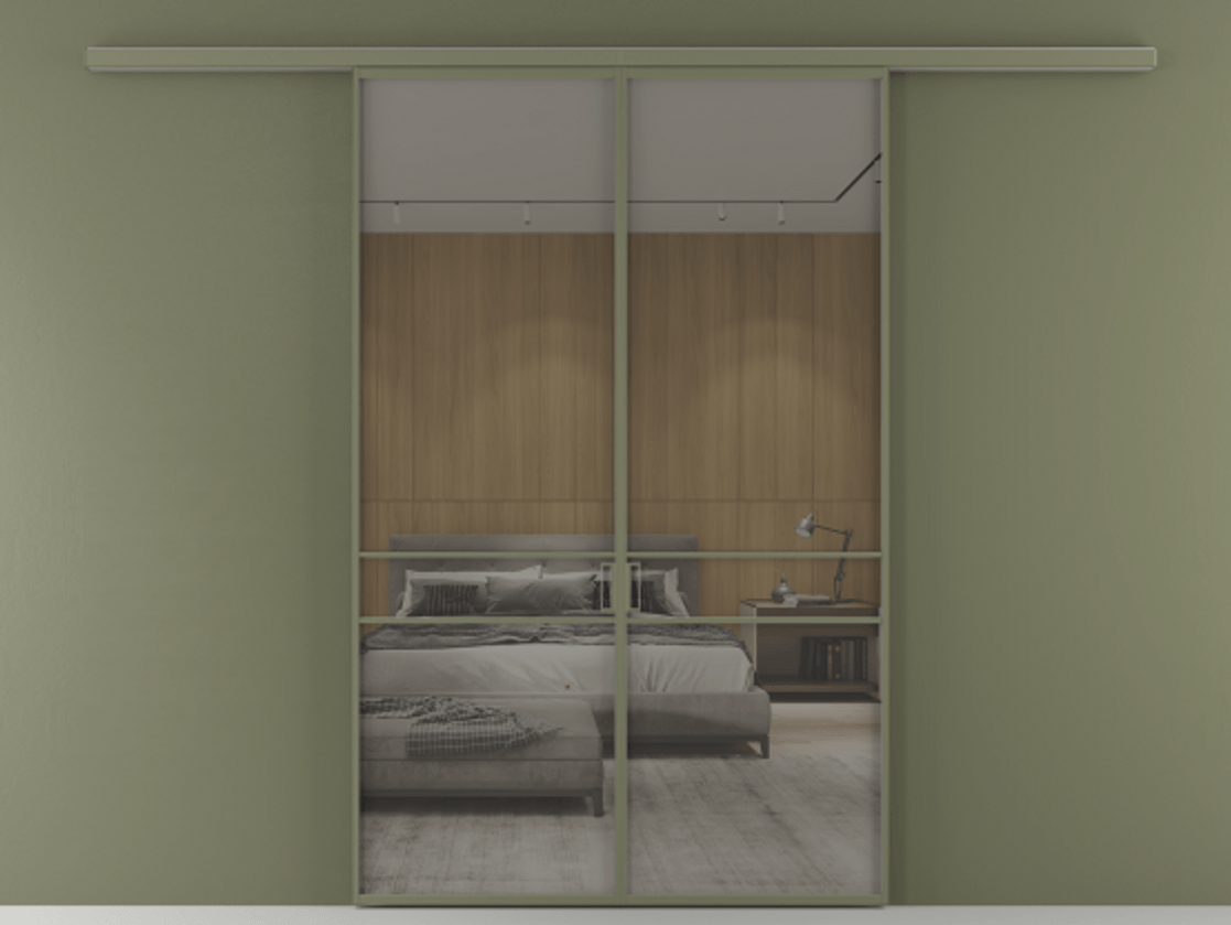 Перегородка Формато вдоль стены 2 створки АЛПР 040.02 Алюминий оливковый тёмный Рефлективное серое стекло "Стопсол", калёное Цена 362540 сом | Volhovec