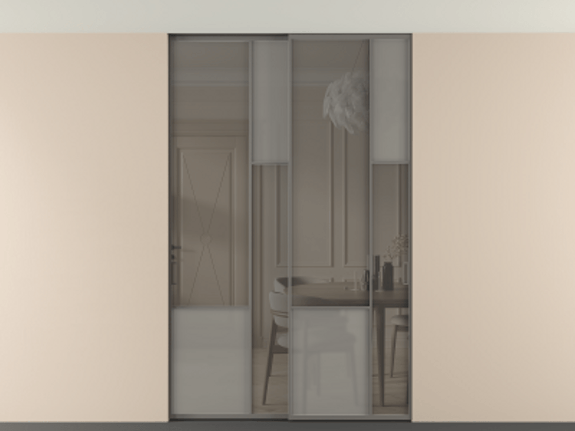 Перегородка Мозаик внутри проёма скрытое крепление в потолок 2 створки АЛПР 041.12 Алюминий классический серый Сатинированное серое стекло, триплекс, 6 мм + Прозрачное серое стекло, триплекс Цена 472590 сом | Volhovec