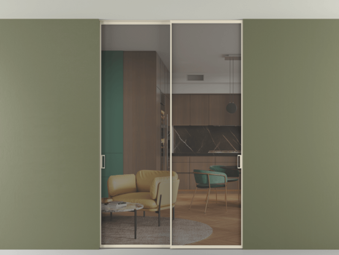 Перегородка Формато внутри проёма скрытое крепление в потолок 2 створки АЛПР 040.01 Алюминий бежево-серый Прозрачное серое стекло, триплекс Цена 348430 сом | Volhovec