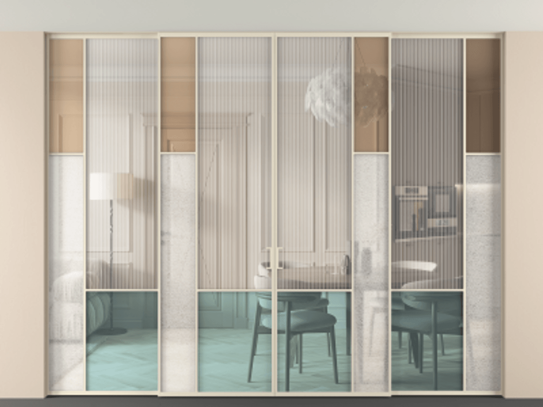 Перегородка Mosaic внутри проёма скрытое крепление в потолок 4 створки АЛПР 041.12 Алюминий бежево-серый Комбинация стекол Группы 1 и Группы 3 Цена 898730 сом | Volhovec