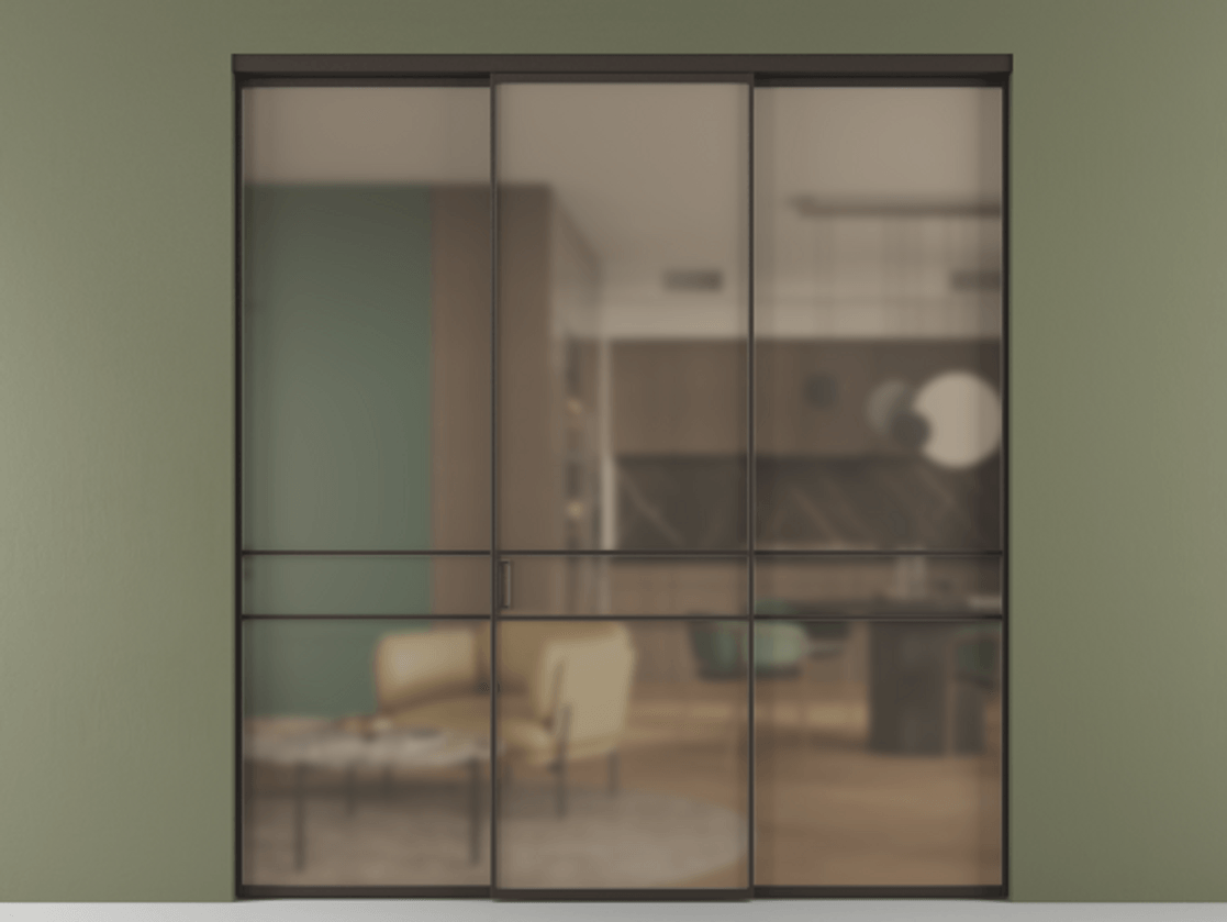 Перегородка Formato внутри проёма 3 створки АЛПР 040.02 Алюминий антрацит Сатинированное бронзовое стекло, триплекс Цена 345470 сом | Volhovec