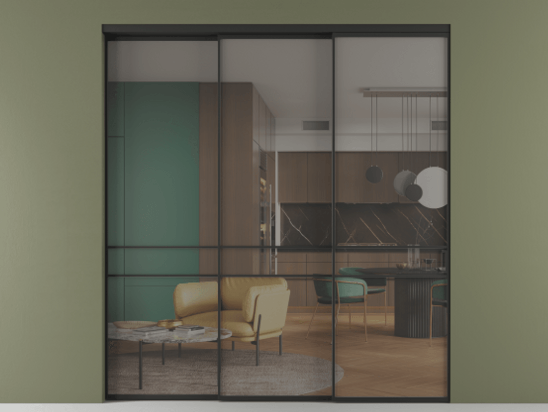 Перегородка Formato внутри проёма 3 створки с синхронным механизмом АЛПР 040.02 Алюминий Черный Прозрачное серое стекло, триплекс Цена 478440 сом  | Volhovec