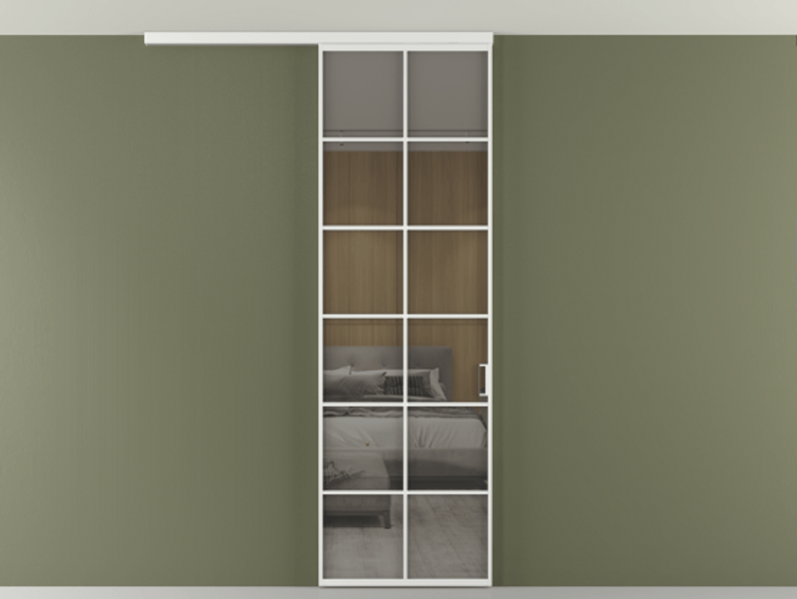 Перегородка Формато вдоль стены на потолок 1 створка АЛПР 040.05 Алюминий белоснежный Рефлективное серое стекло "Стопсол", калёное Цена 166351 сом | Volhovec