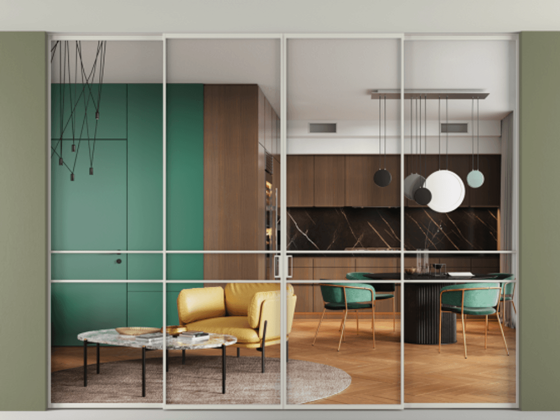 Перегородка Formato внутри проёма скрытое крепление в потолок 4 створки АЛПР 040.02 Алюминий тёплый серый Прозрачное стекло "Crystal Vision", калёное Цена 808280 сом | Volhovec