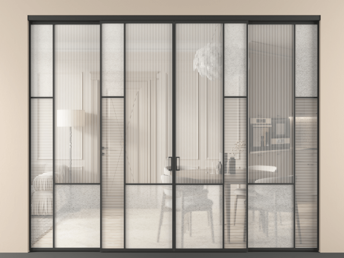 Перегородка Мозаик внутри проёма 4 створки АЛПР 041.12 Алюминий Черный Рифлёное стекло "Дюна", триплекс, 6 мм + Фактурное стекло "Лёд", триплекс. Скрытый короб ЧЕР Цена 690090 сом . Фабрика дверей Волховец 8 (800) 551 43 19 Перегородка Мозаик внутри проёма 4 створки АЛПР 041.12 Алюминий Черный Рифлёное стекло "Дюна", триплекс, 6 мм + Фактурное стекло "Лёд", триплекс Цена 690090 сом | Volhovec