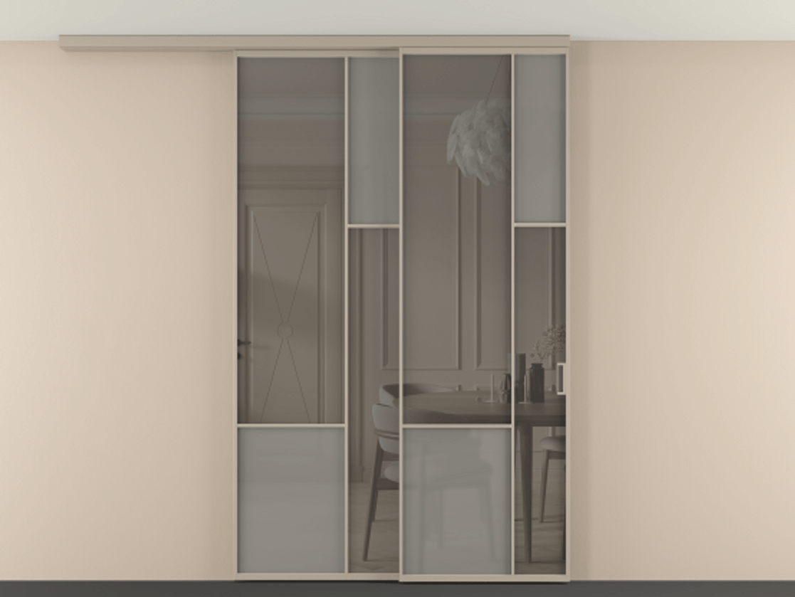 Перегородка Мозаик вдоль стены на потолок 2 створки с синхронным механизмом АЛПР 041.12 Алюминий бисквитный Сатинированное серое стекло, триплекс, 6 мм + Прозрачное серое стекло, триплекс Цена 483800 сом | Volhovec