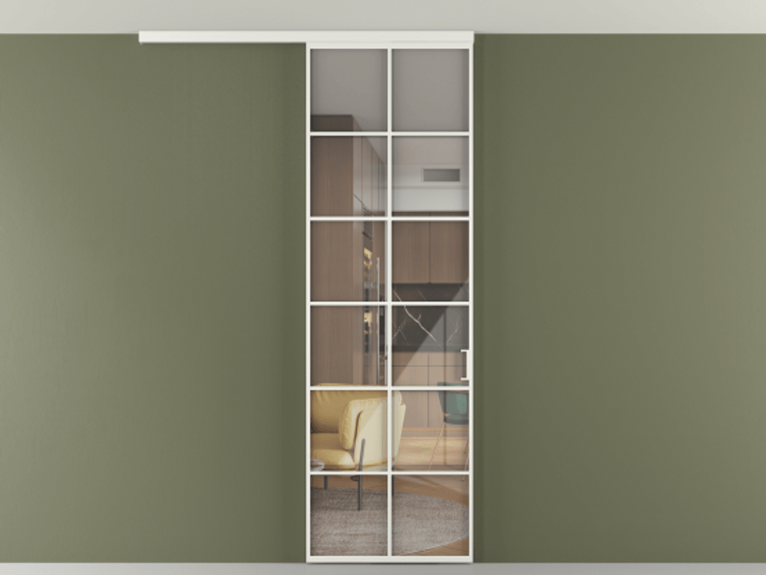 Перегородка Формато вдоль стены на потолок 1 створка АЛПР 040.05 Алюминий светло-серый Рефлективное прозрачное стекло "Стопсол", калёное Цена 195240 сом | Volhovec