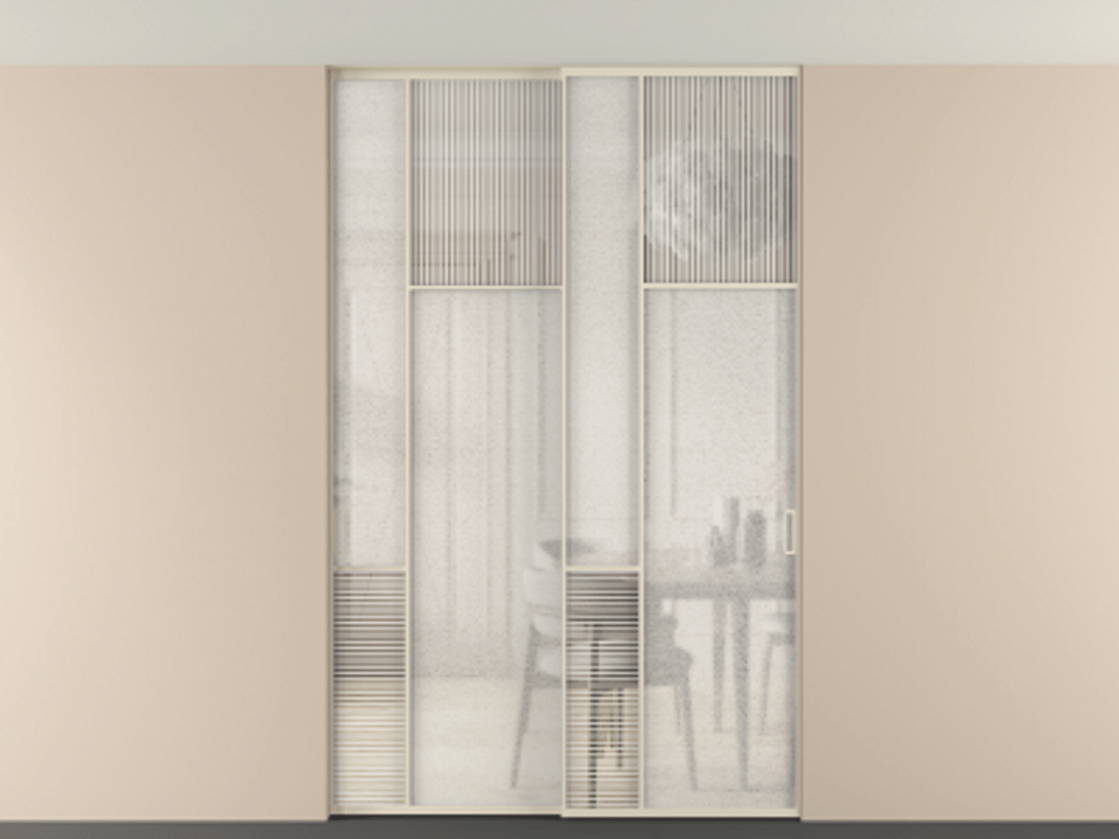 Перегородка Мозаик внутри проёма скрытое крепление в потолок 2 створки АЛПР 041.11 Алюминий бежево-серый Рифлёное стекло "Дюна", триплекс, 6 мм + Фактурное стекло "Лёд", триплекс Цена 495880 сом | Volhovec