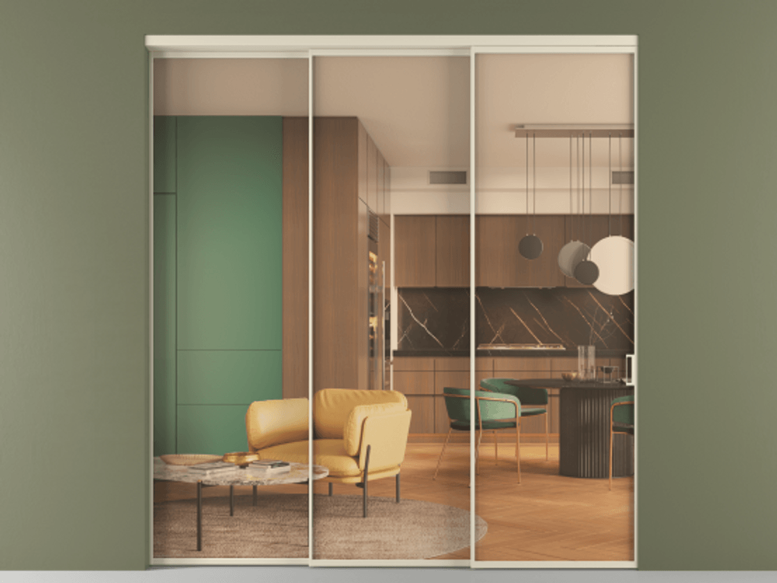 Перегородка Formato внутри проёма 3 створки с синхронным механизмом АЛПР 040.01 Алюминий бежево-серый Прозрачное оранжевое стекло, триплекс Цена 373400 ₽  | Volhovec