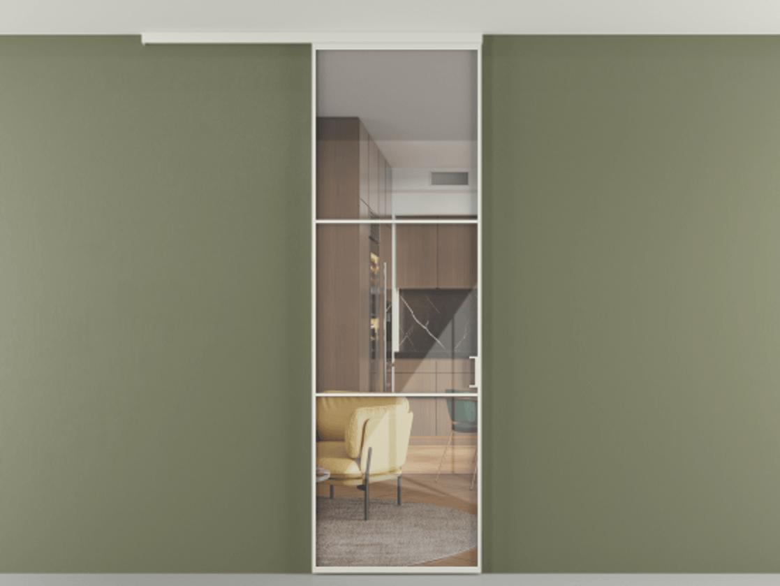 Перегородка Формато вдоль стены на потолок 1 створка АЛПР 040.03 Алюминий Белый Рефлективное прозрачное стекло "Стопсол", калёное Цена 175960 сом | Volhovec