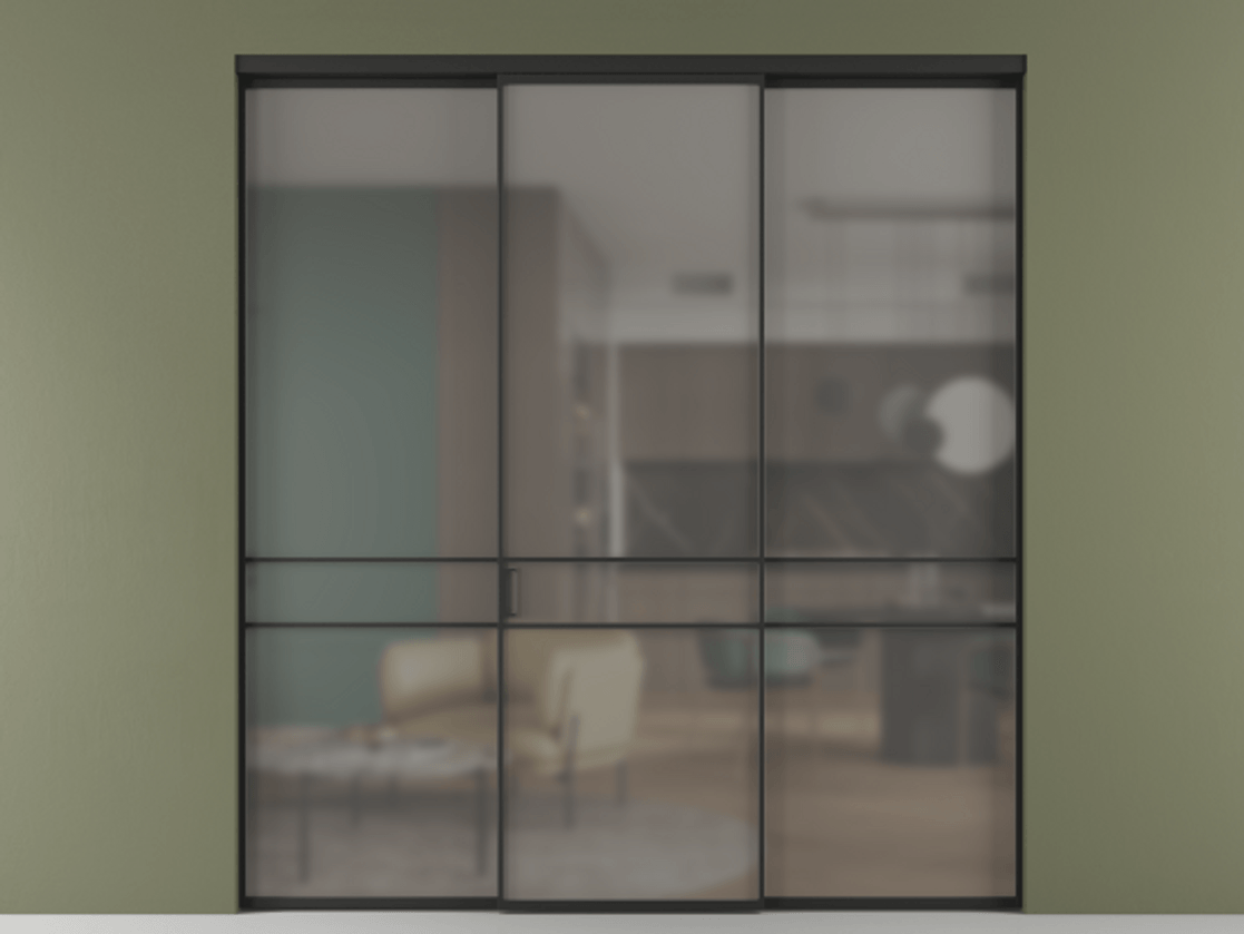 Перегородка Формато внутри проёма 3 створки АЛПР 040.02 Алюминий Черный Сатинированное серое стекло, триплекс Цена 227975 ₽ | Volhovec