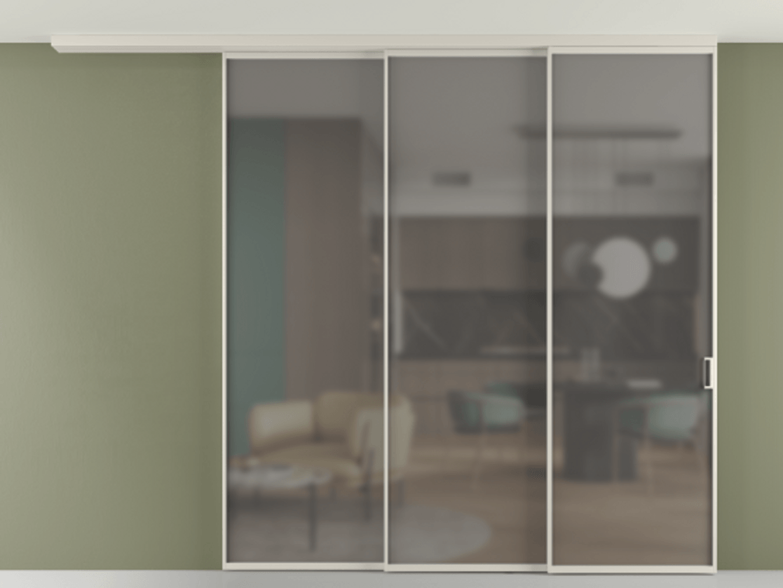 Перегородка Формато вдоль стены на потолок 3 створки с синхронным механизмом АЛПР 040.01 Алюминий облачно-серый Сатинированное серое стекло, триплекс Цена 556350 сом | Volhovec