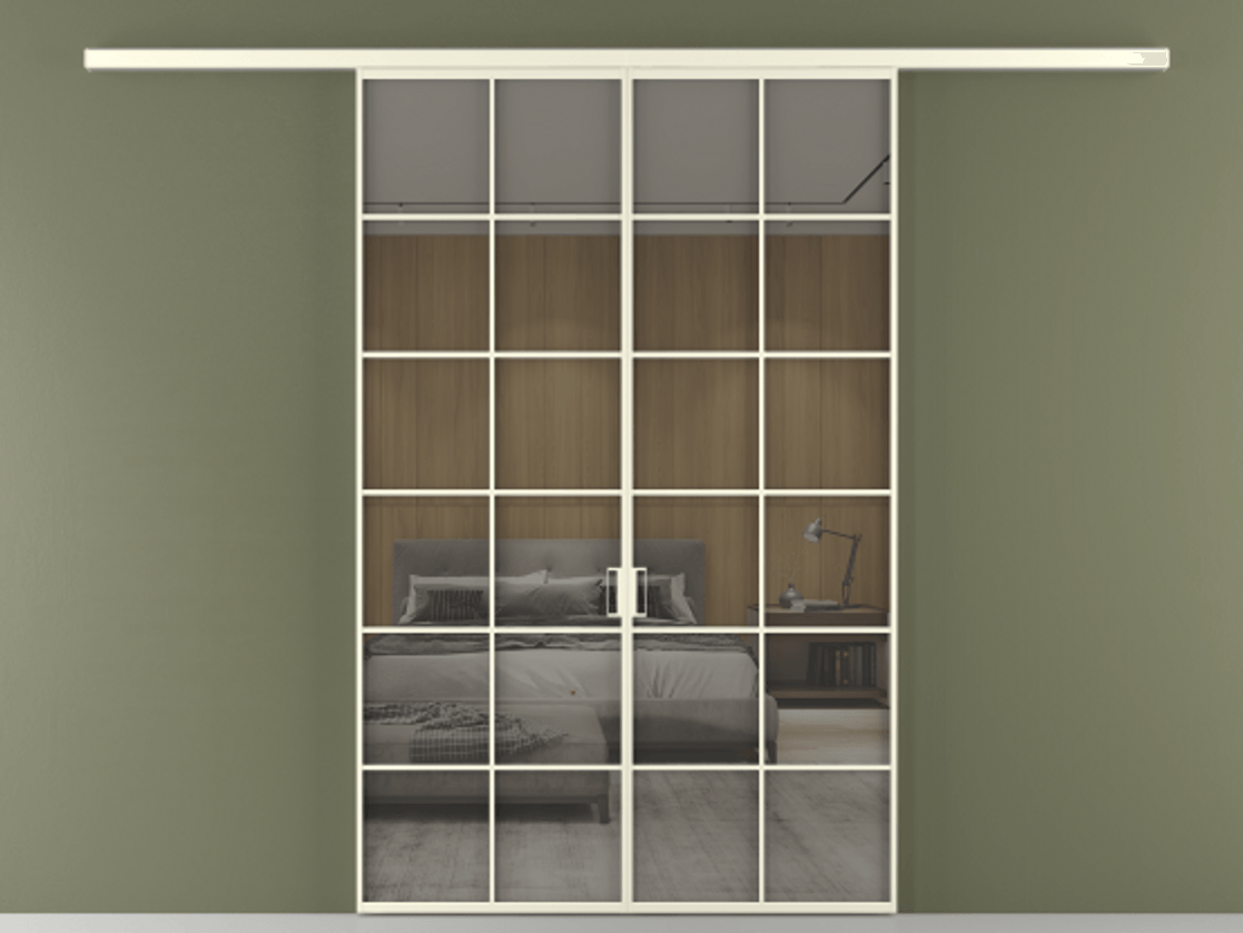 Перегородка Формато вдоль стены 2 створки АЛПР 040.05 Алюминий молочно-белый Рефлективное серое стекло "Стопсол", калёное Цена 385260 сом | Volhovec