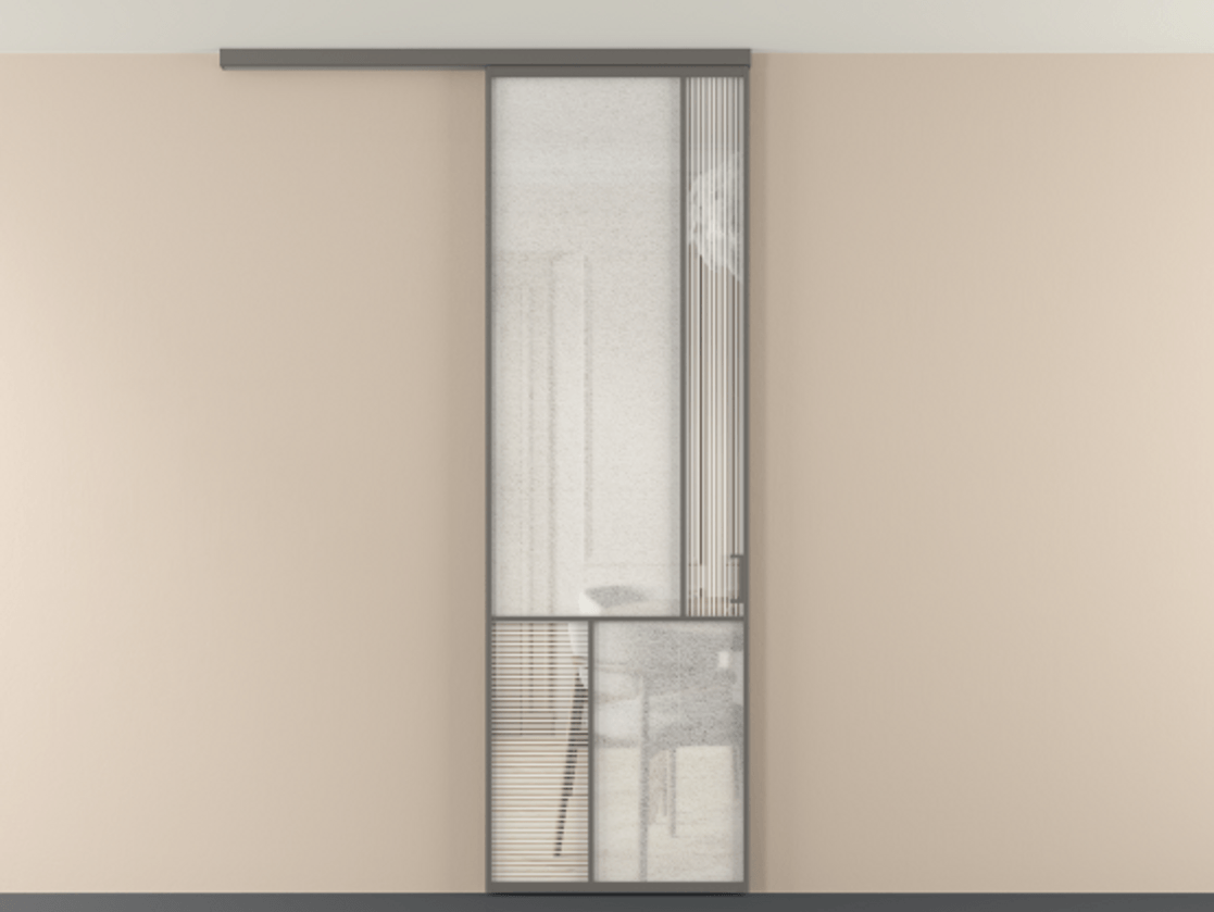 Перегородка Мозаик вдоль стены на потолок 1 створка АЛПР 041.21 Алюминий классический серый Рифлёное стекло "Дюна", триплекс, 6 мм + Фактурное стекло "Лёд", триплекс Цена 208270 сом | Volhovec