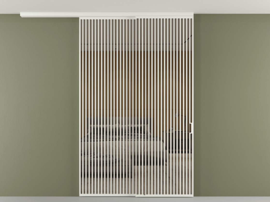 Перегородка Формато вдоль стены на потолок 2 створки с синхронным механизмом АЛПР 040.06 Алюминий светло-серый Рефлективное бронзовое стекло "Стопсол", калёное Цена 790050 сом | Volhovec