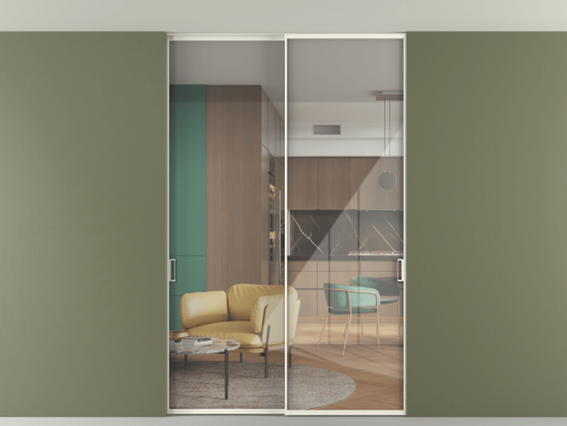 Перегородка Формато внутри проёма скрытое крепление в потолок 2 створки АЛПР 040.01 Алюминий жемчужный Рефлективное прозрачное стекло "Стопсол", калёное Цена 427540 сом | Volhovec