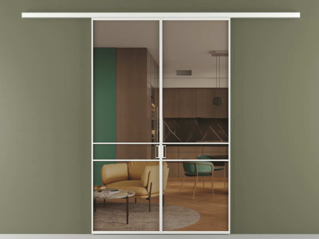 Перегородка Формато вдоль стены 2 створки АЛПР 040.02 Алюминий белоснежный Прозрачное бронзовое стекло, триплекс Цена 284580 сом | Volhovec