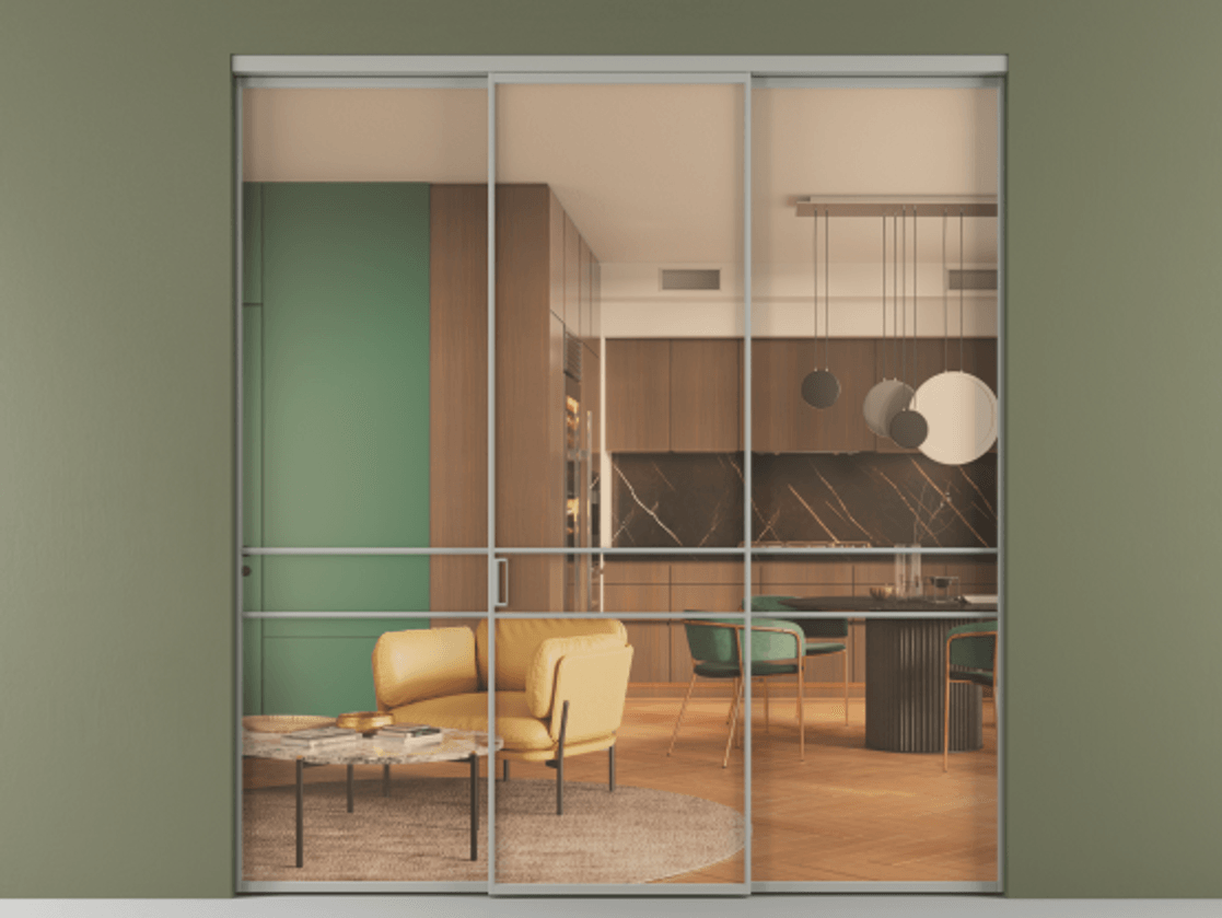 Перегородка Формато внутри проёма 3 створки АЛПР 040.02 Алюминий нейтральный серый Прозрачное оранжевое стекло, триплекс Цена 345470 сом | Volhovec