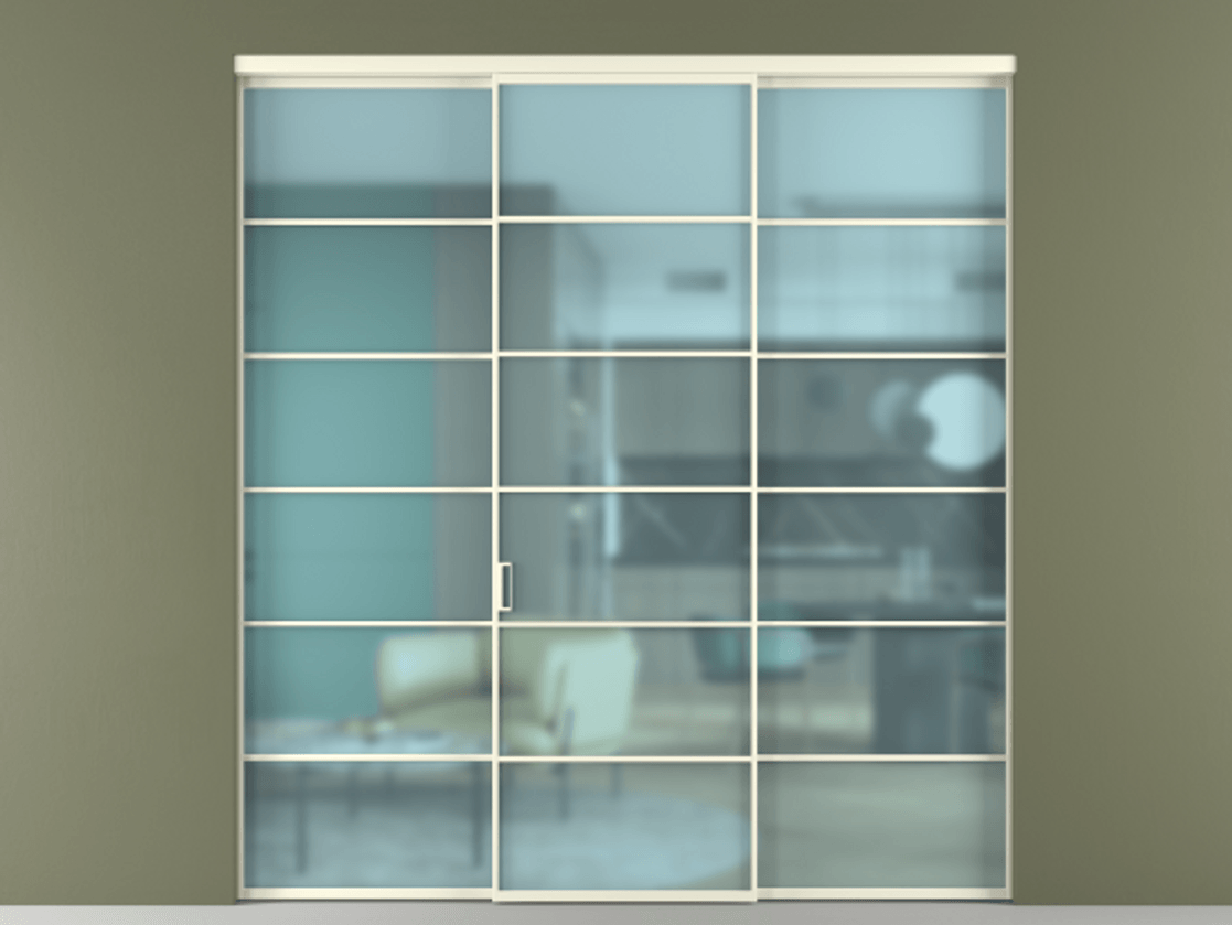 Перегородка Формато внутри проёма 3 створки АЛПР 040.04 Алюминий молочно-белый Сатинированное голубое стекло, триплекс Цена 371030 сом | Volhovec