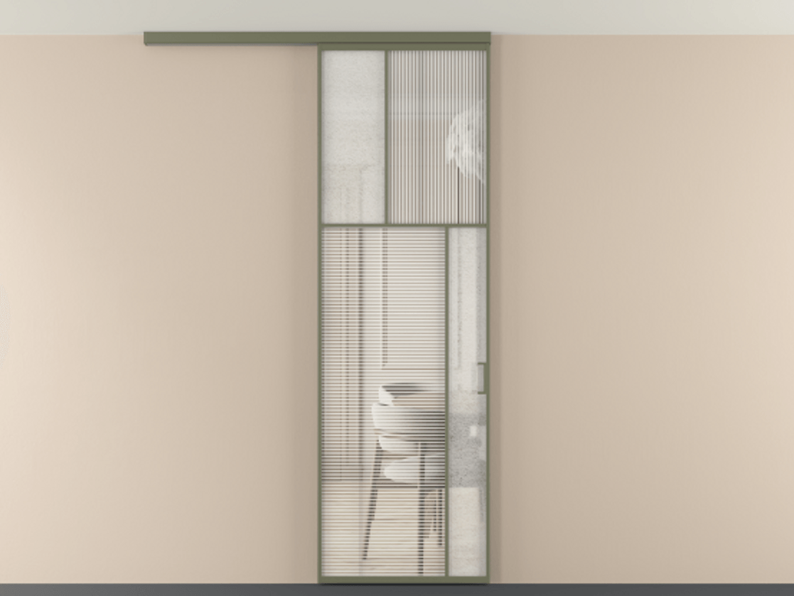 Перегородка Мозаик вдоль стены на потолок 1 створка АЛПР 041.23 Алюминий оливковый тёмный Рифлёное стекло "Дюна", триплекс, 6 мм + Фактурное стекло "Лёд", триплекс Цена 208270 сом | Volhovec