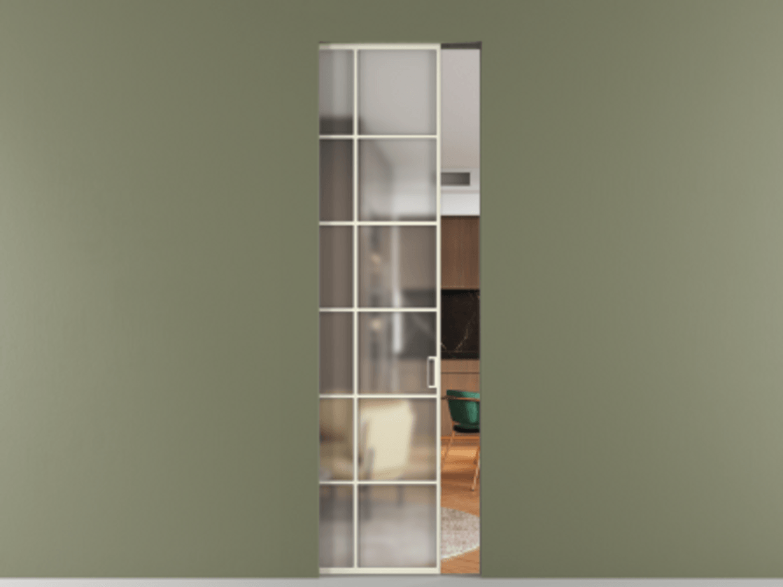 Перегородка Формато скрытый пенал 1 створка АЛПР 040.05 Алюминий молочно-белый Сатинированное стекло "Мателюкс Кристал Вижн", калёное, матовое, каленое 6 мм Цена 244640 сом | Volhovec