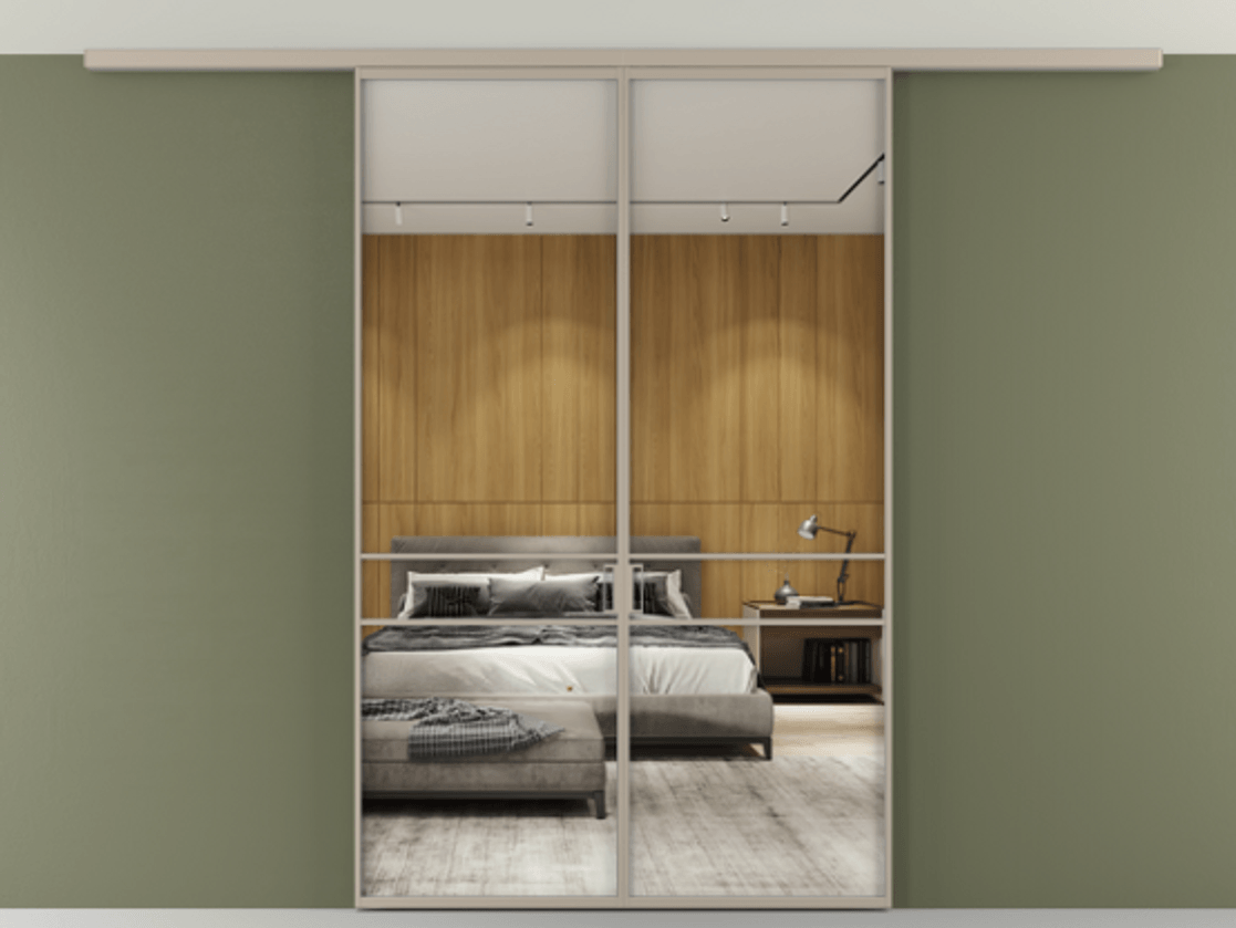 Перегородка Формато вдоль стены на потолок 2 створки АЛПР 040.02 Алюминий бисквитный Двустороннее зеркало, триплекс , триплекс 6 мм Цена 271710 сом | Volhovec