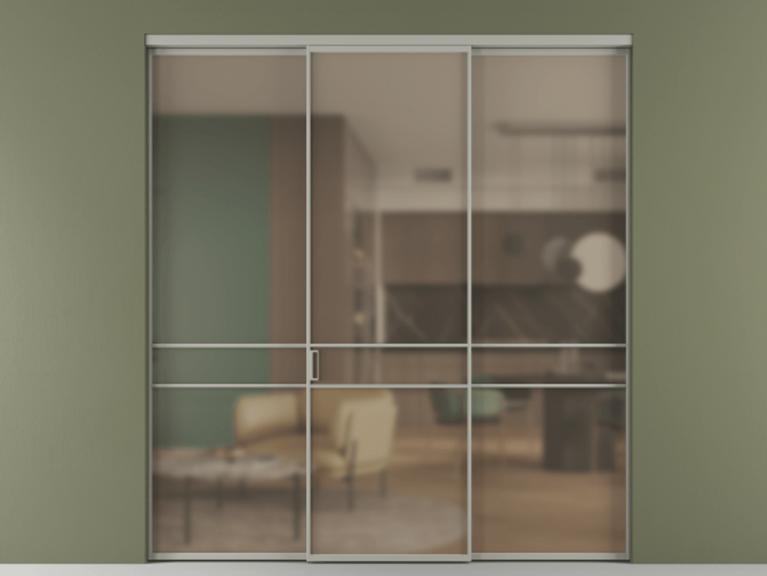 Перегородка Формато внутри проёма 3 створки АЛПР 040.02 Алюминий нейтральный серый Сатинированное бронзовое стекло, триплекс Цена 345470 сом | Volhovec