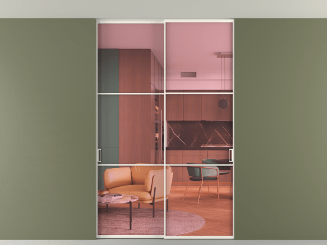 Перегородка Формато внутри проёма скрытое крепление в потолок 2 створки АЛПР 040.03 Алюминий пудровый белый Прозрачное розовое стекло, триплекс Цена 361400 сом | Volhovec