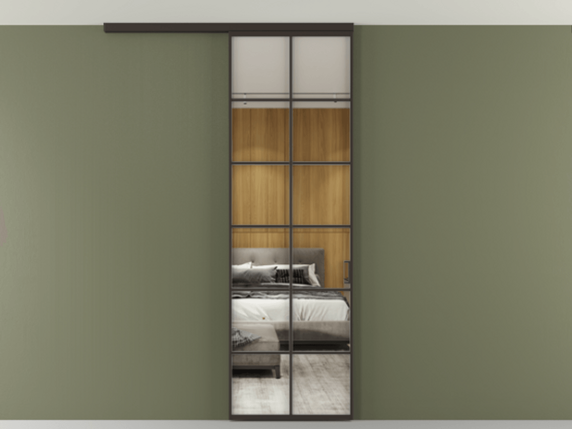 Перегородка Формато вдоль стены на потолок 1 створка АЛПР 040.05 Алюминий антрацит Двустороннее зеркало, триплекс , триплекс 6 мм Цена 157030 сом | Volhovec