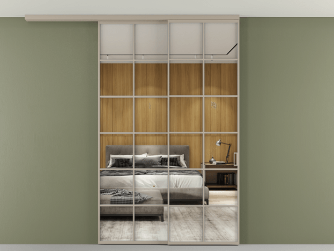 Перегородка Формато вдоль стены на потолок 2 створки с синхронным механизмом АЛПР 040.05 Алюминий бисквитный Двустороннее зеркало, триплекс , триплекс 6 мм Цена 59215910 so'm | Volhovec